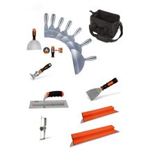 Lot jointeur 15pcs: 7 couteaux Premium Tout Inox, 1 couteau américain avec 4 embouts, 2 lames à lisser Edmablade , 1 platoir à enduit lame biseautée, 1 dérouleur de bande à joint, 1 couteau multi fonction, 1 couteau riflard, 1 sac porte outils Réf. 610166