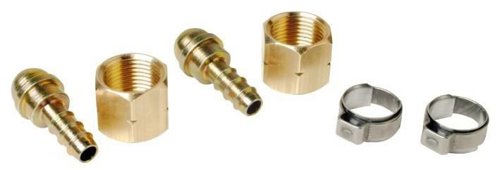 Kit de 2 raccords /tétines pour tuyau diamètre 6.3 mm avec écrou 3/8e gauche + 2 colliers. Réf. 963R