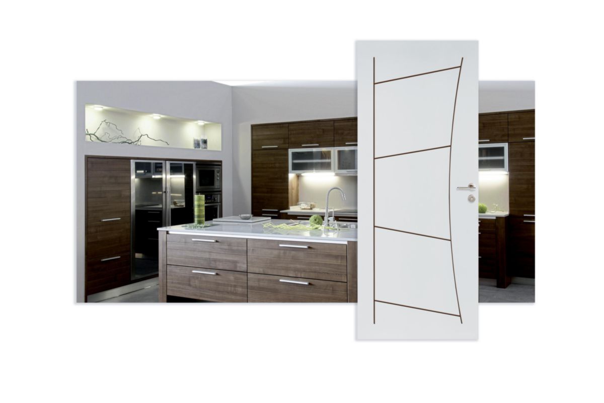 Bloc-porte SIKIM alvéolaire prépeint 204x83 cm gauche P à recouvrement - H90 Néolys MDF 3 fiches - serrure clé L axe à 40 - emballé